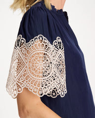 Chico's Discount Passport Blue Sea Island Crochet Lace Blouse