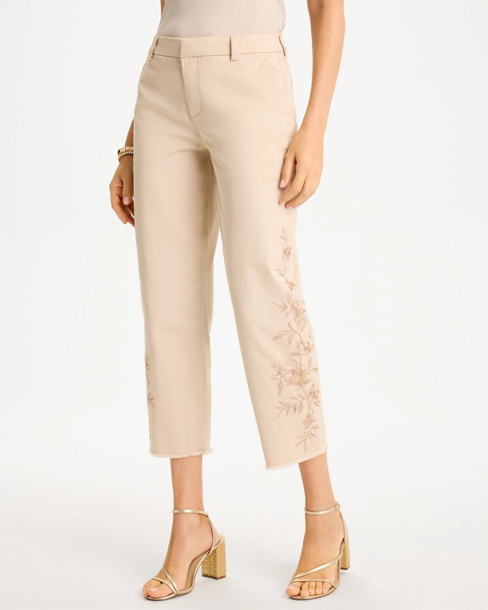 Chico's For Sale Pale Sand Relaxed Embroidered Fray Crop Pant