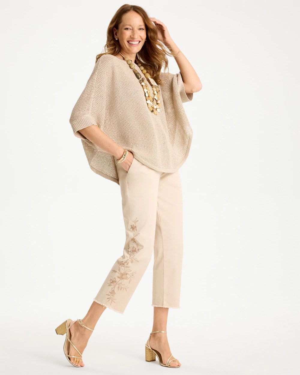 Chico's For Sale Pale Sand Relaxed Embroidered Fray Crop Pant