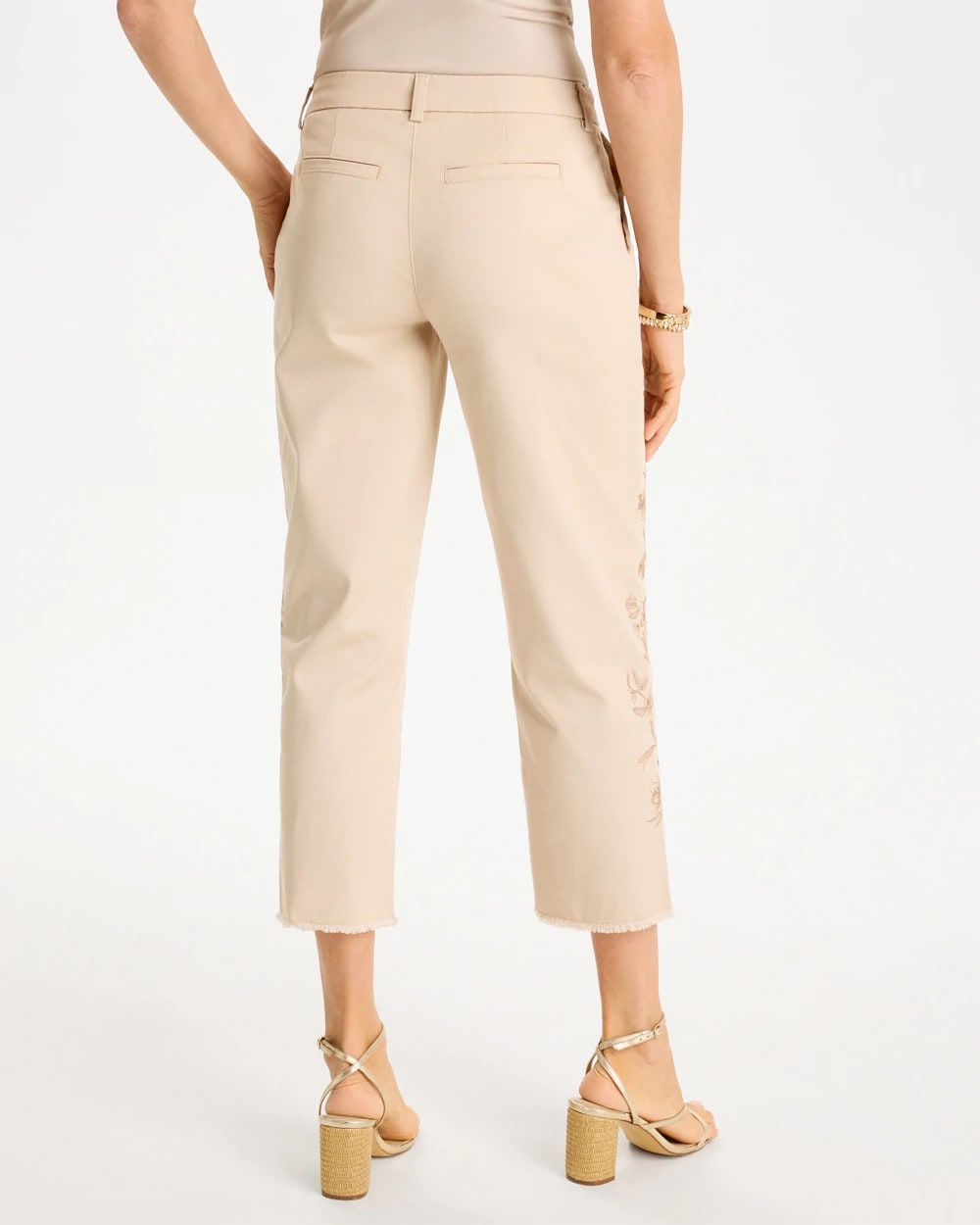 Chico's For Sale Pale Sand Relaxed Embroidered Fray Crop Pant