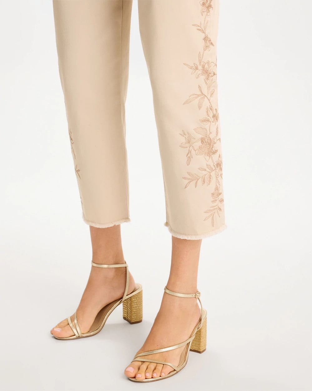 Chico's For Sale Pale Sand Relaxed Embroidered Fray Crop Pant