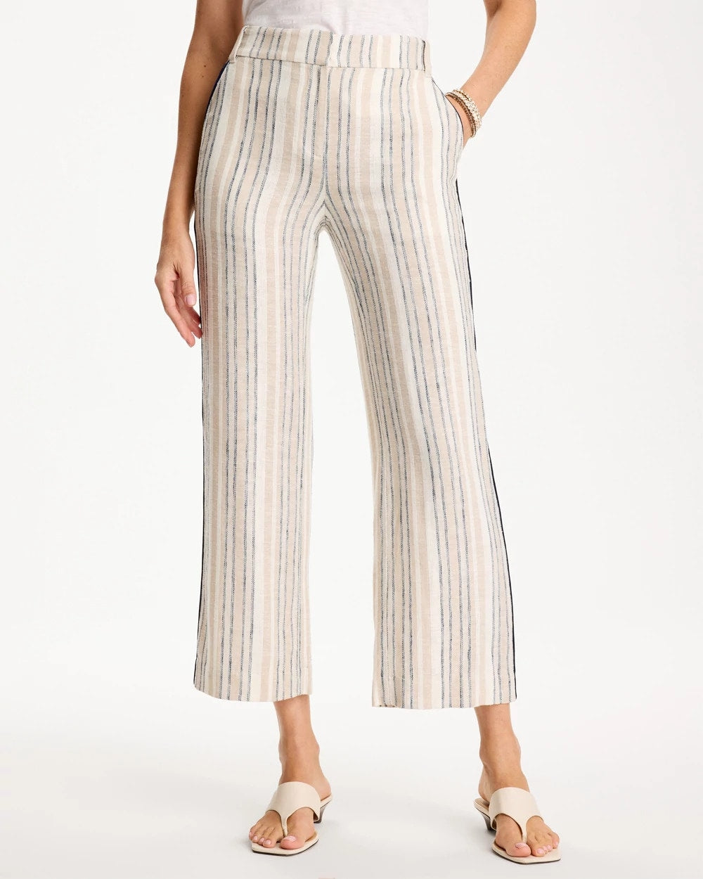 Chico's Outlet Neutral Striped Piped Linen Fly Front Pants
