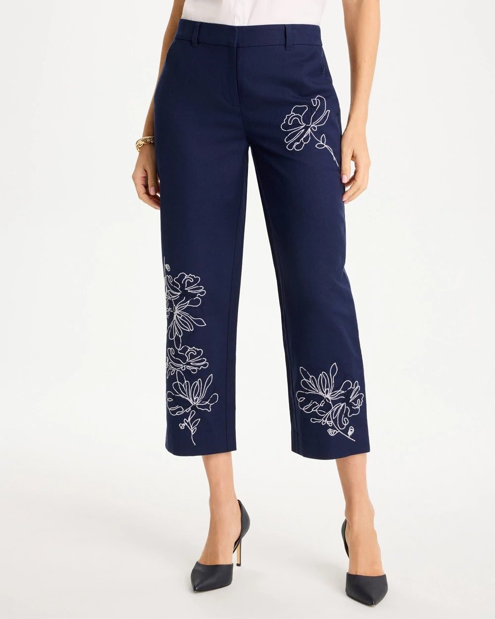 Chico's Discount Passport Blue Embroidered Linen Fly Front Pants