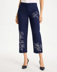 Chico's Discount Passport Blue Embroidered Linen Fly Front Pants