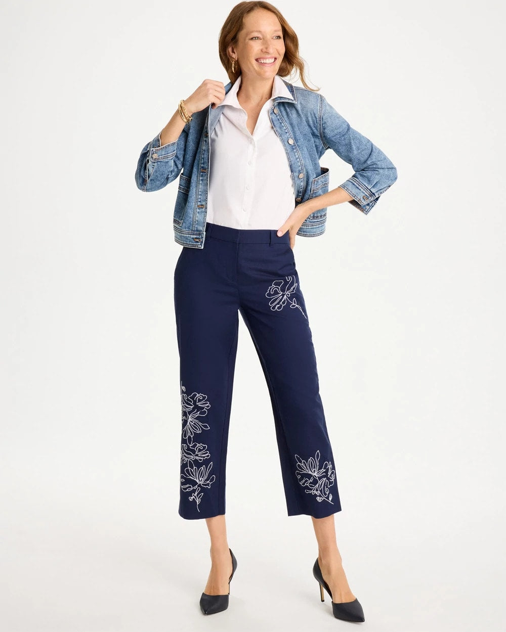 Chico's Discount Passport Blue Embroidered Linen Fly Front Pants
