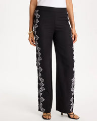 Chico's For Sale Black Embroidered Pull-On Wide-Leg Linen Pants