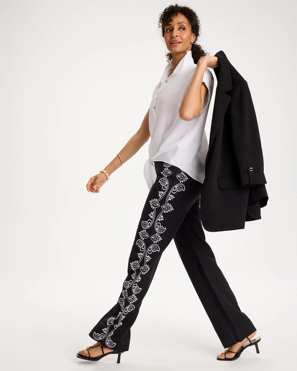 Chico's For Sale Black Embroidered Pull-On Wide-Leg Linen Pants