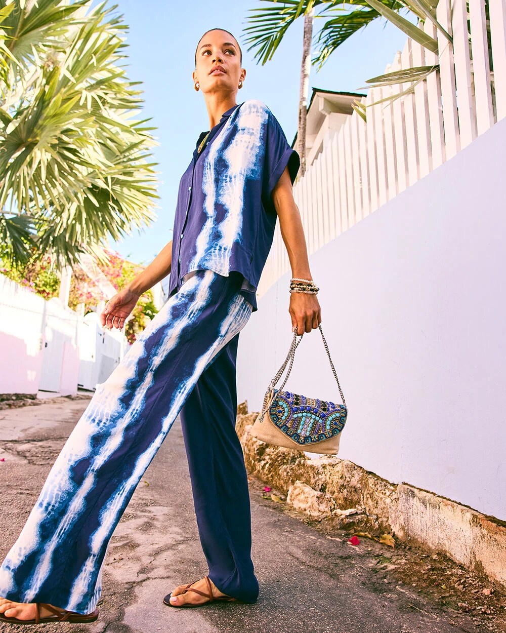 Chico's On Sale Passport Blue Faux Silk Tie-Dye Palazzo Pants