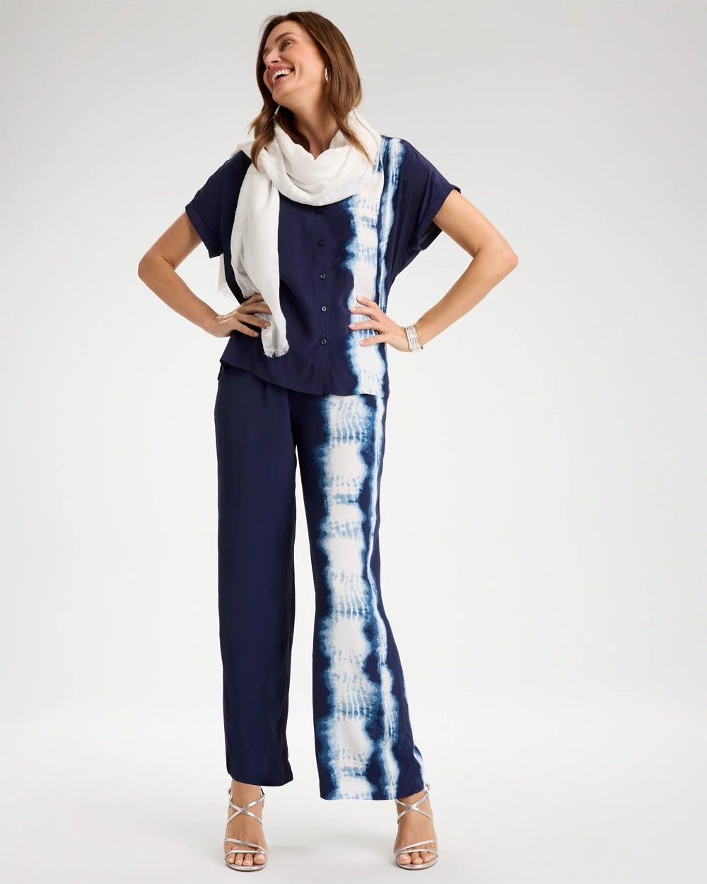 Chico's On Sale Passport Blue Faux Silk Tie-Dye Palazzo Pants