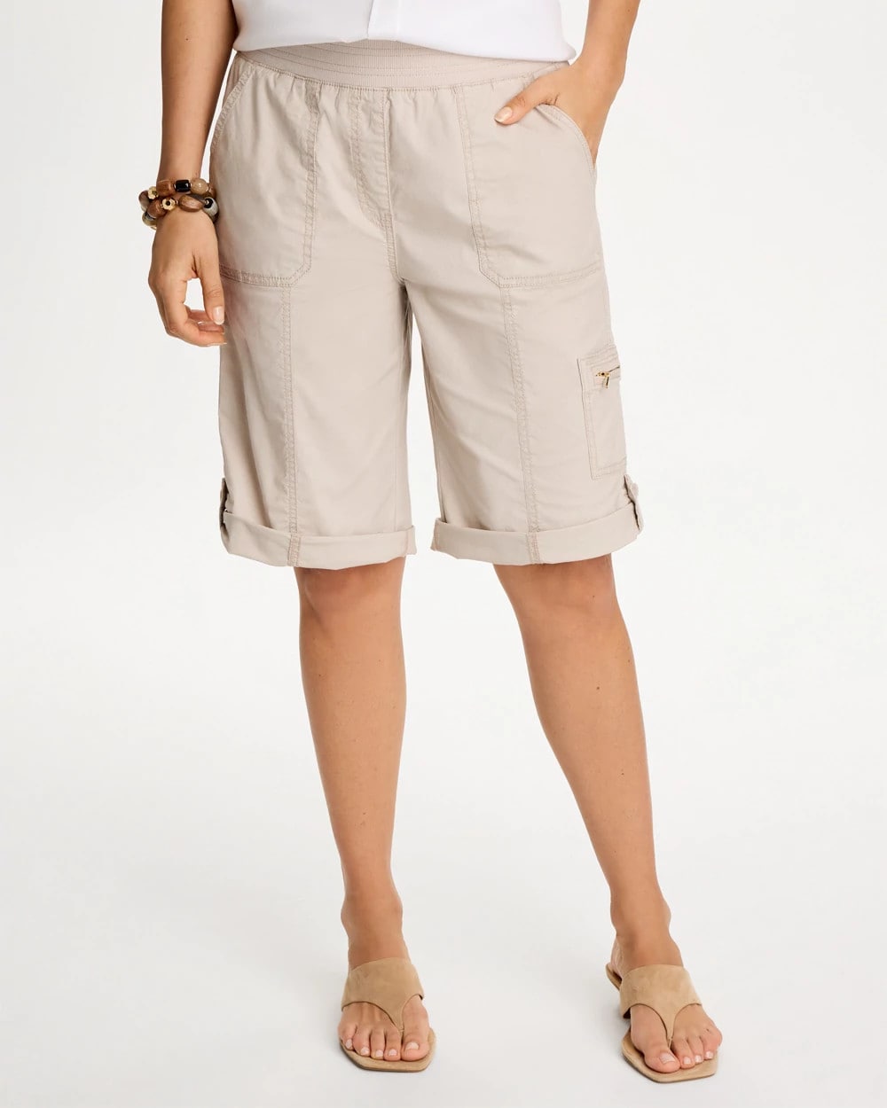 Chico's Outlet Smokey Taupe Poplin Cotton Roll-Tab Shorts