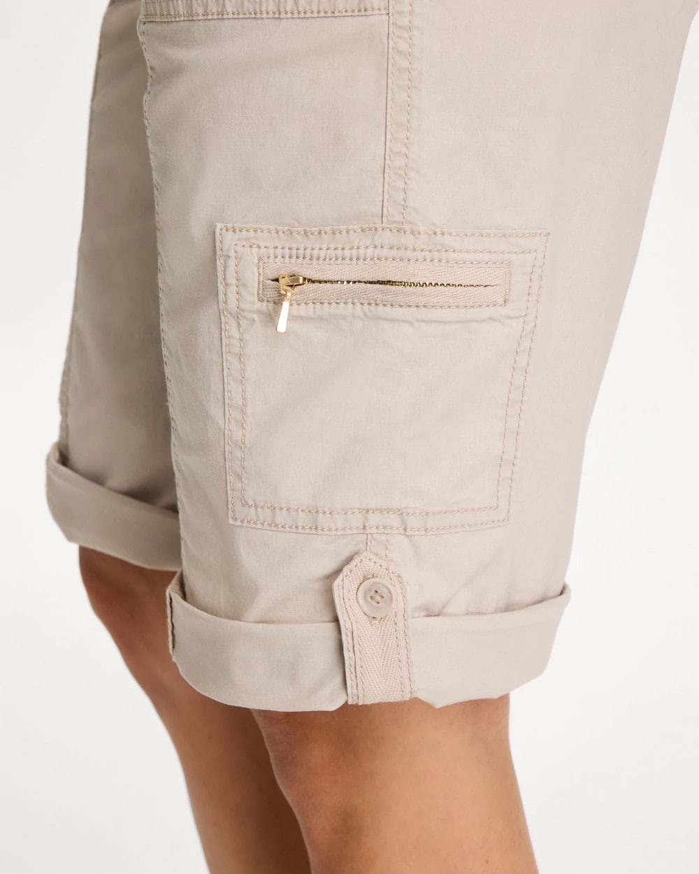 Chico's Outlet Smokey Taupe Poplin Cotton Roll-Tab Shorts