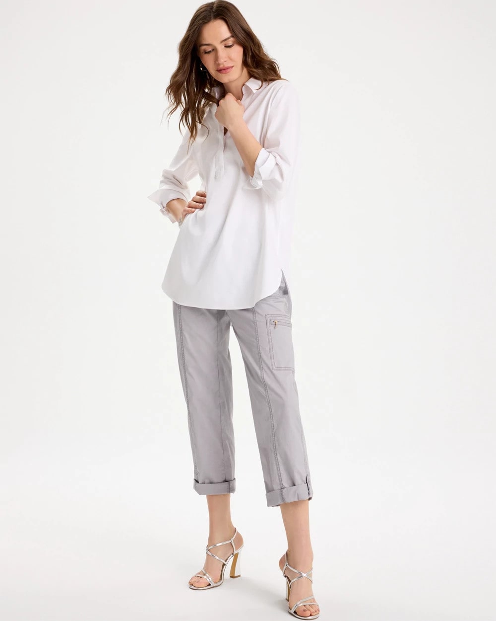 Chico's Online Titanium Poplin Cropped Roll Tab Pants