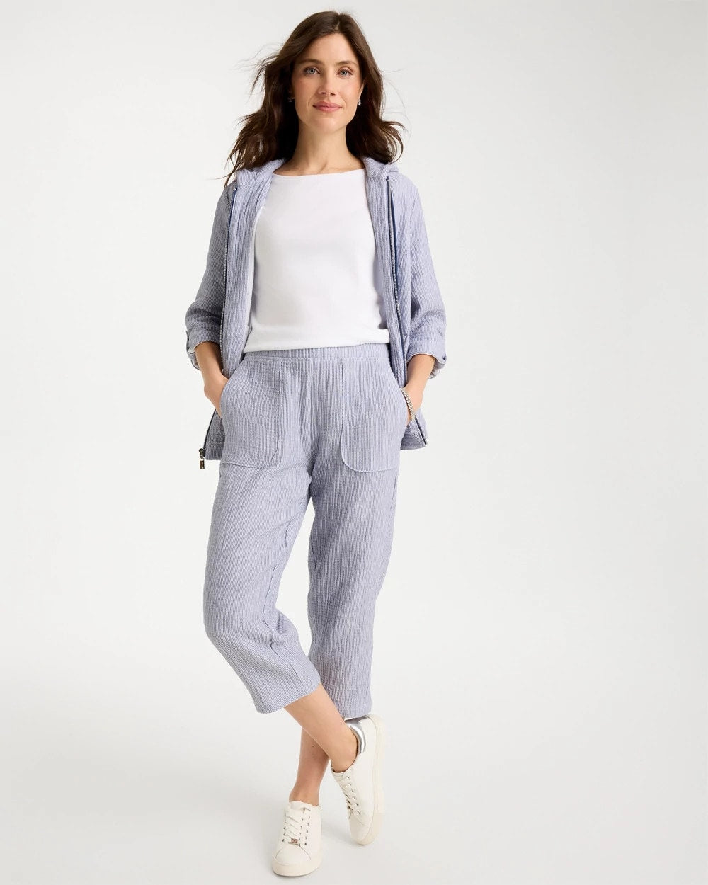 Chico's Discount Blue Zenergy® Striped Gauze Cropped Pants