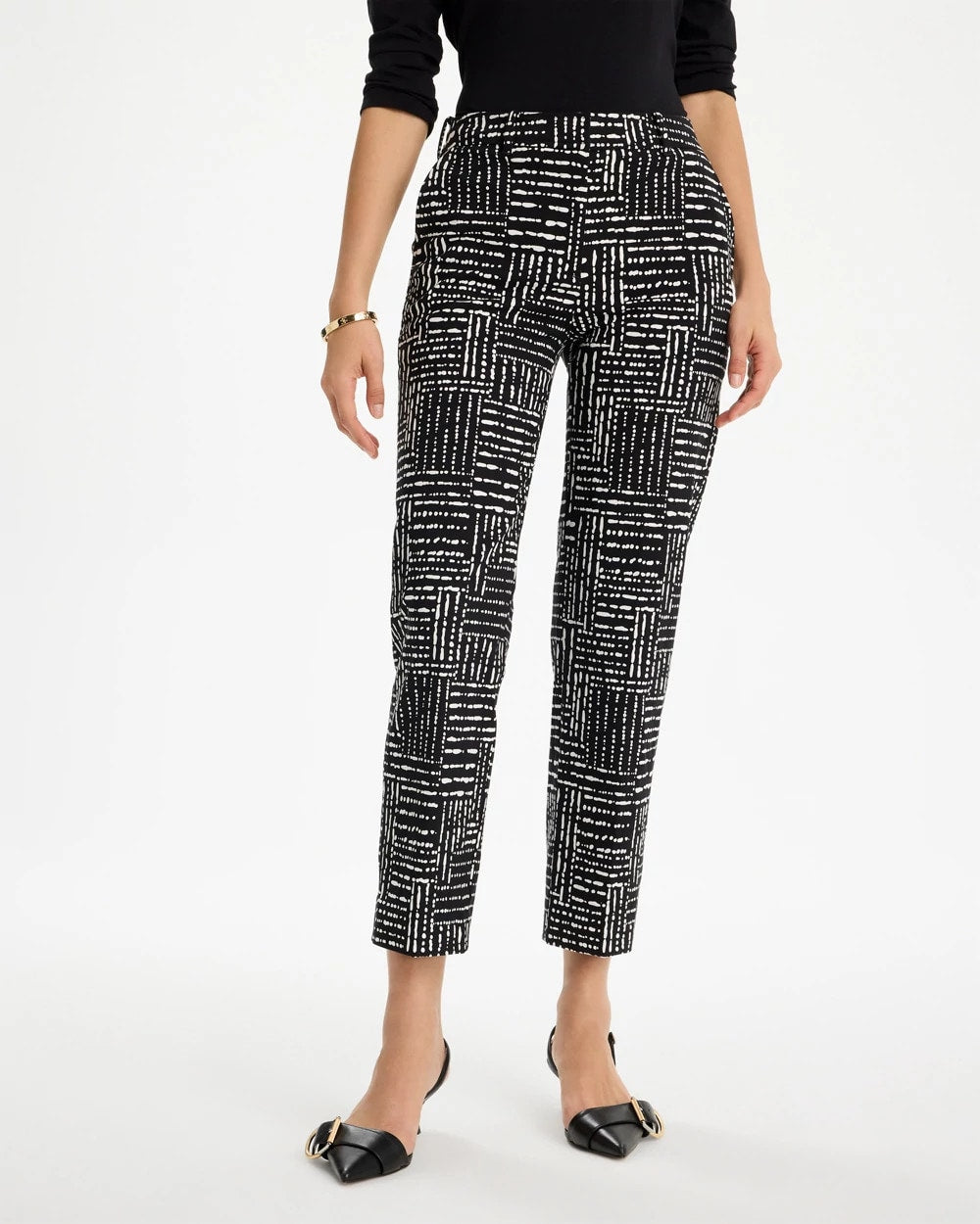 Chico's On Sale Black Emme Fly Front Straight Printed Crop Pants