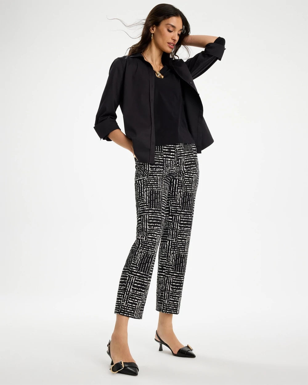 Chico's On Sale Black Emme Fly Front Straight Printed Crop Pants