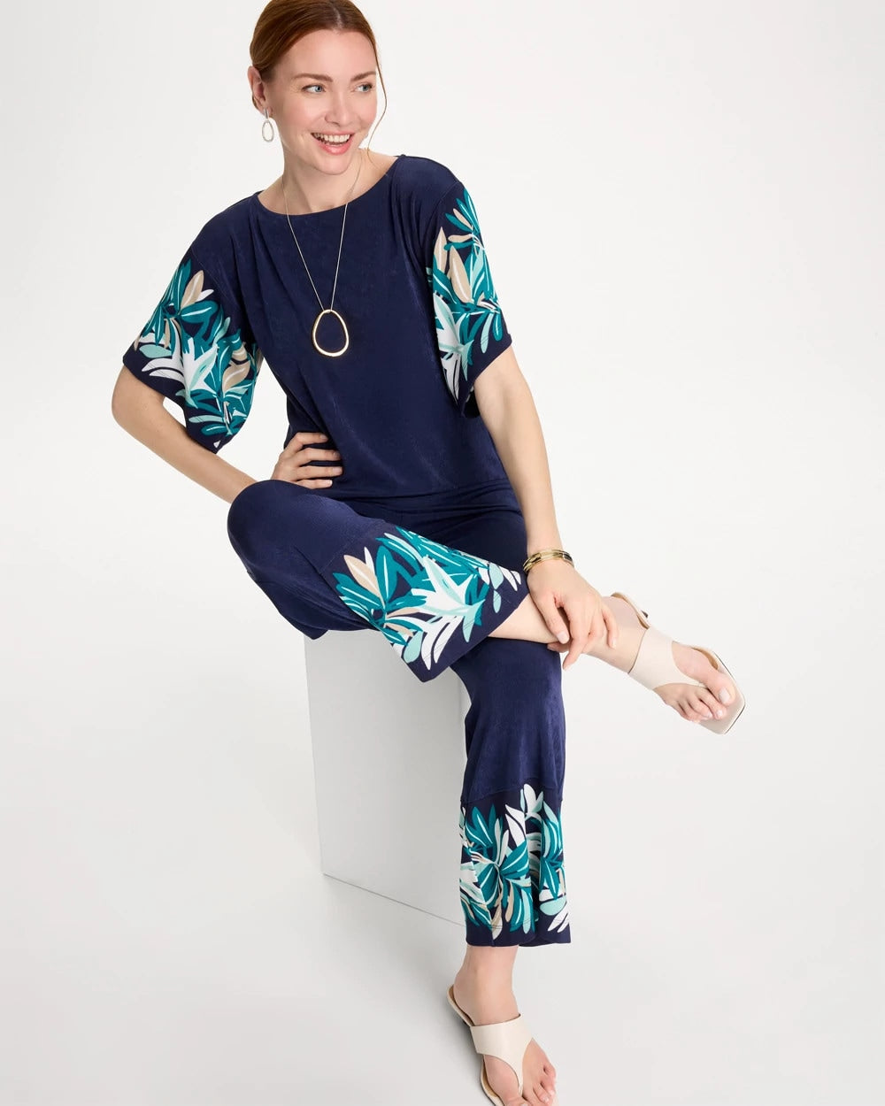 Chico's Discount Kings Navy Travelers™ Palm Border Crop Pant