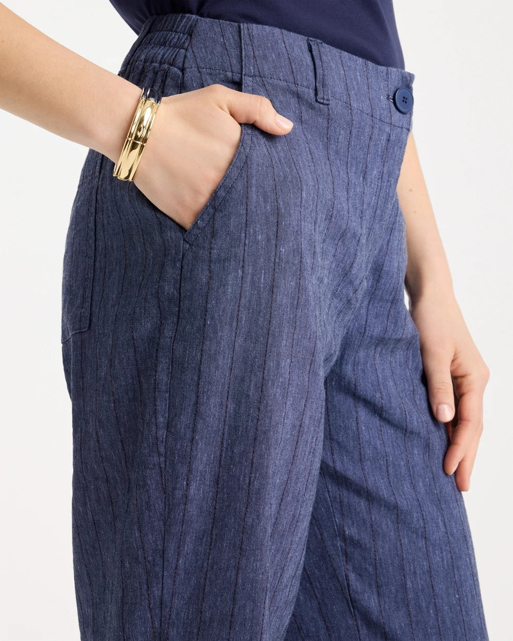Chico's For Sale Navy Pinstripe Soft-Stretch Linen Crop Pant