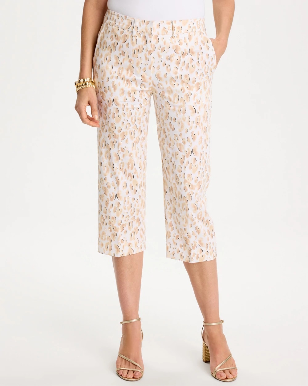 Chico's Discount Mocha Mousse Animal Print Emme Sateen Straight Capri Pants