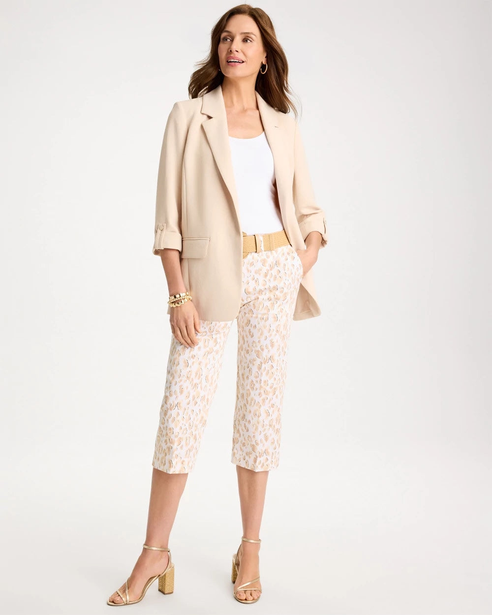 Chico's Discount Mocha Mousse Animal Print Emme Sateen Straight Capri Pants