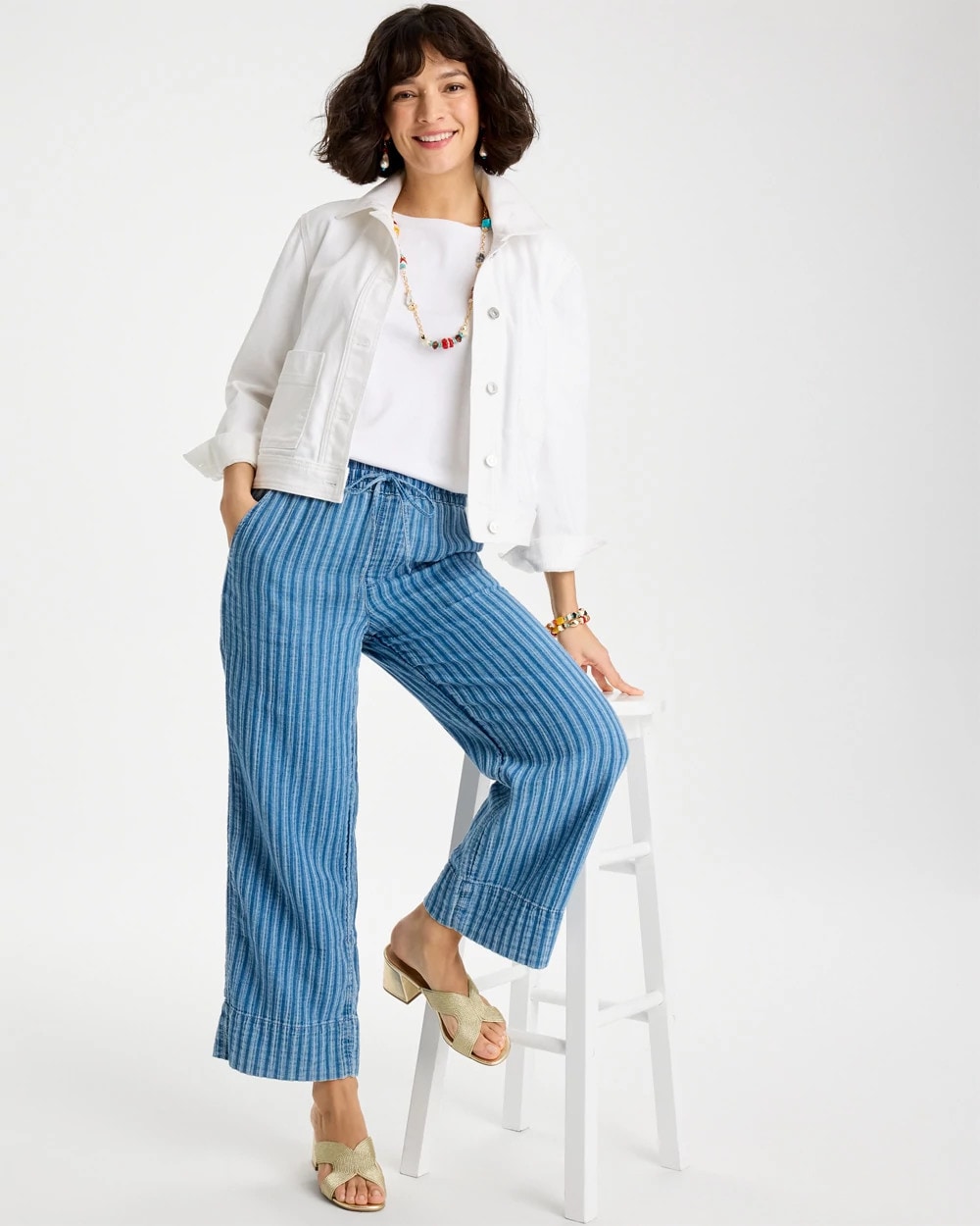 Chico's For Sale Blue Stripe Gauze Striped Wide Crop Jean