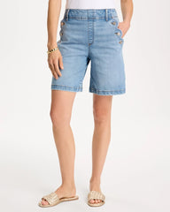Chico's On Sale Blue Jay Indigo Pull-On Scallop Button Jean Shorts