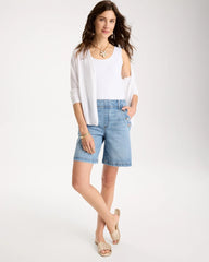 Chico's On Sale Blue Jay Indigo Pull-On Scallop Button Jean Shorts