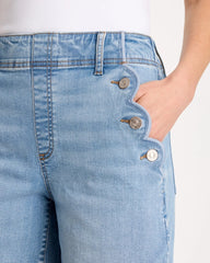 Chico's On Sale Blue Jay Indigo Pull-On Scallop Button Jean Shorts
