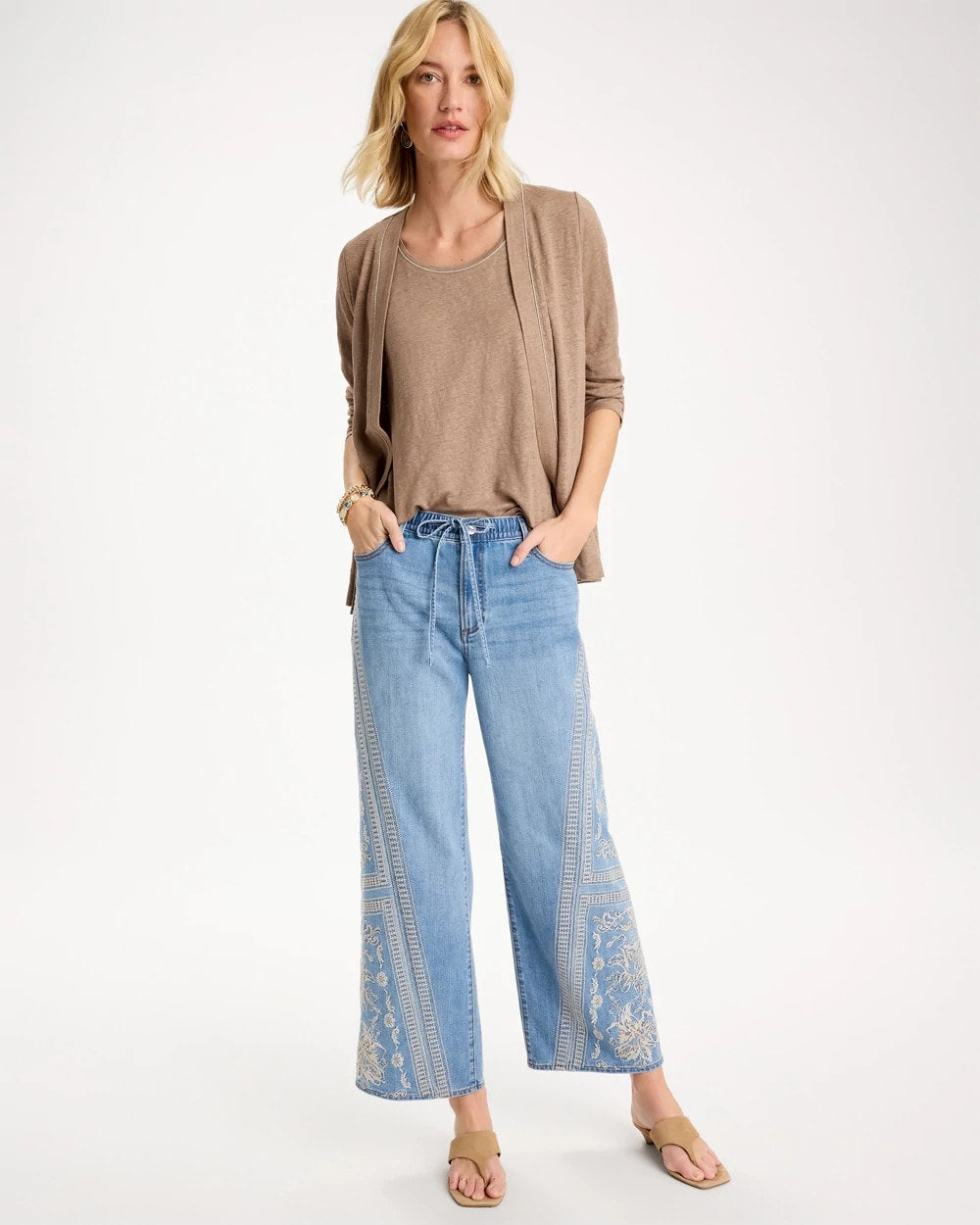 Chico's Discount Indigo Floral Geo Wide-Leg Drawstring Jeans