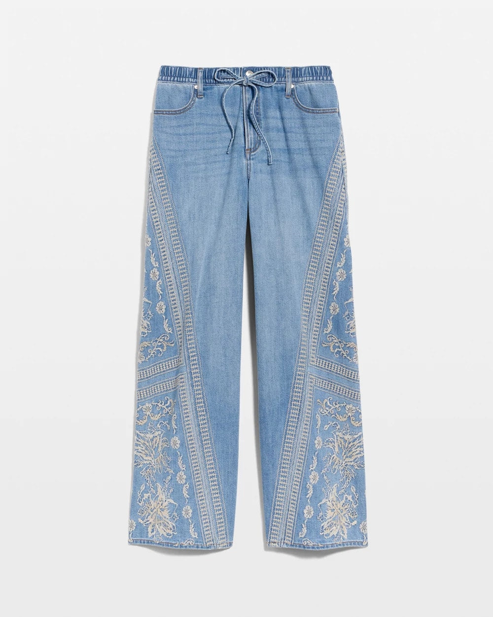Chico's Discount Indigo Floral Geo Wide-Leg Drawstring Jeans
