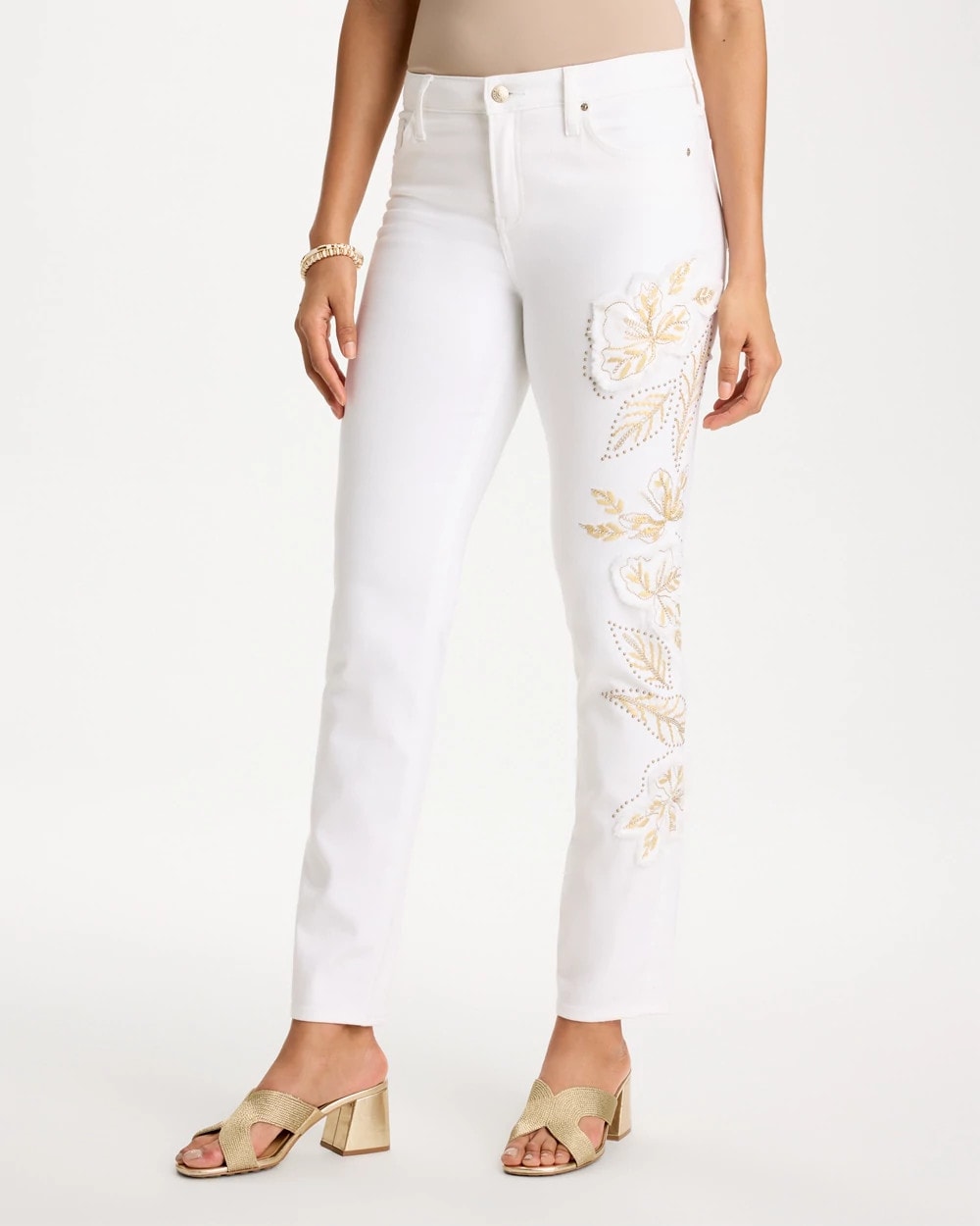 Chico's On Sale Alabaster No Stain Girlfriend Floral Embellished Slim Ankle Jeans