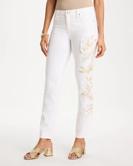 Chico's On Sale Alabaster No Stain Girlfriend Floral Embellished Slim Ankle Jeans