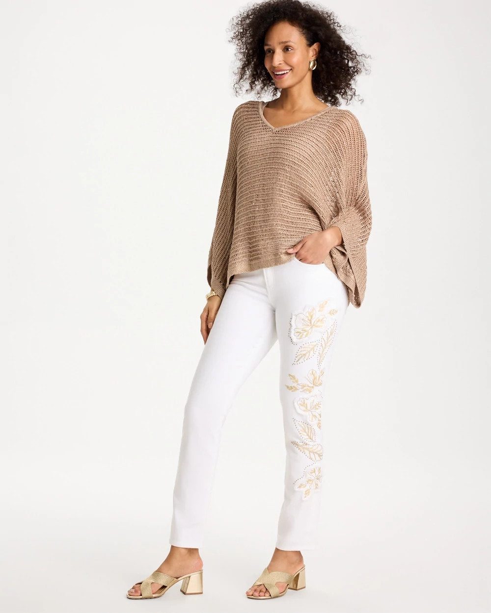 Chico's On Sale Alabaster No Stain Girlfriend Floral Embellished Slim Ankle Jeans