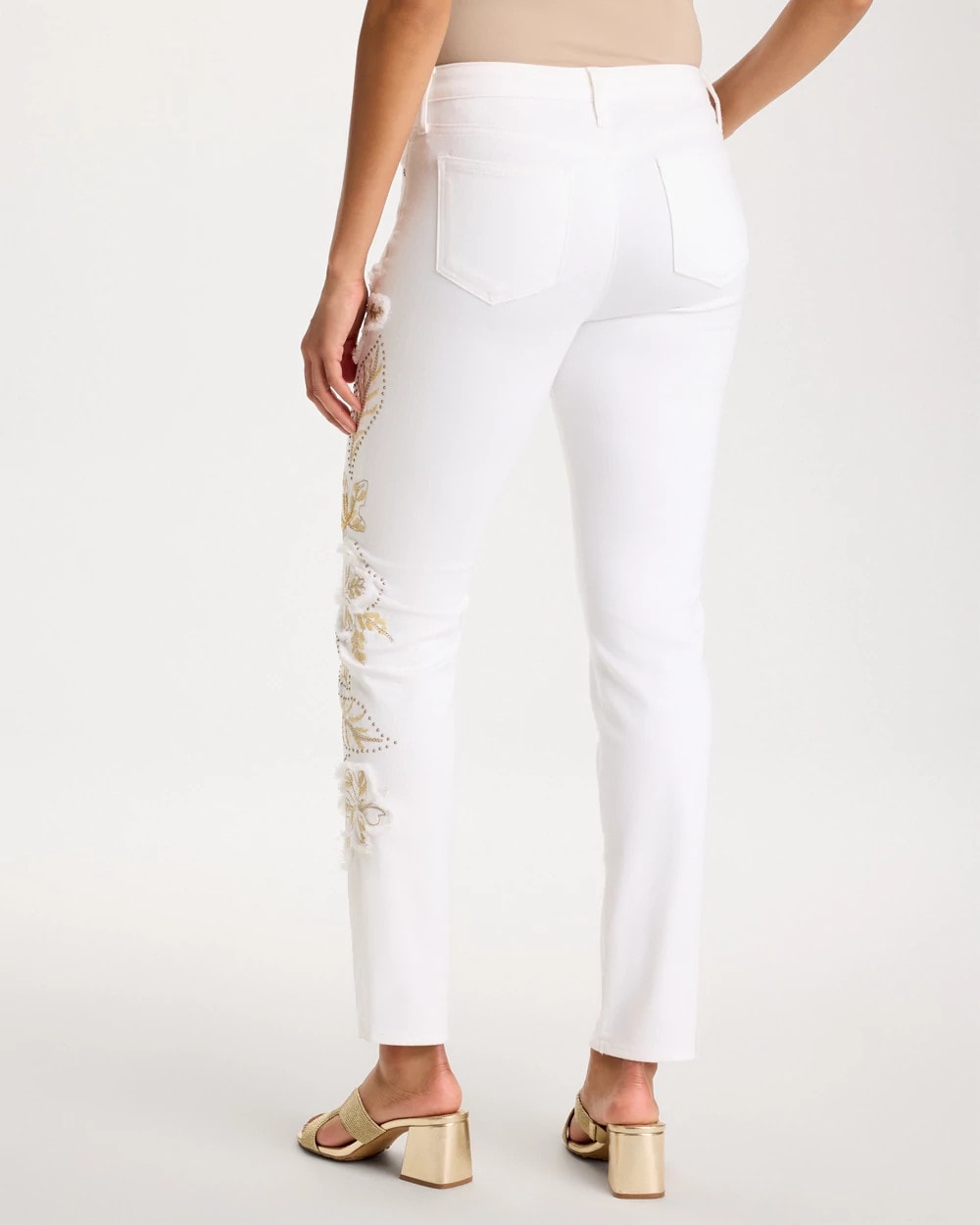 Chico's On Sale Alabaster No Stain Girlfriend Floral Embellished Slim Ankle Jeans