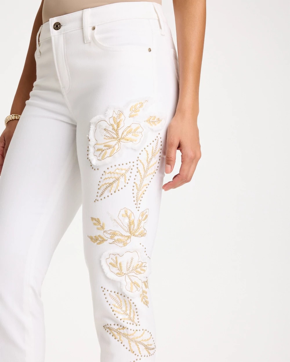 Chico's On Sale Alabaster No Stain Girlfriend Floral Embellished Slim Ankle Jeans