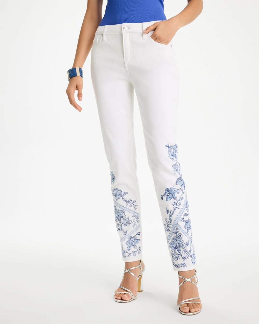 Chico's Outlet Alabaster Embroidered Girlfriend Slim Ankle Jeans