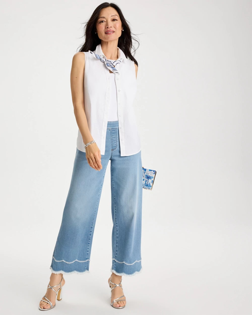 Chico's On Sale Blue Jay Indigo Scallop Pull-On Wide-Leg Crop Jeans