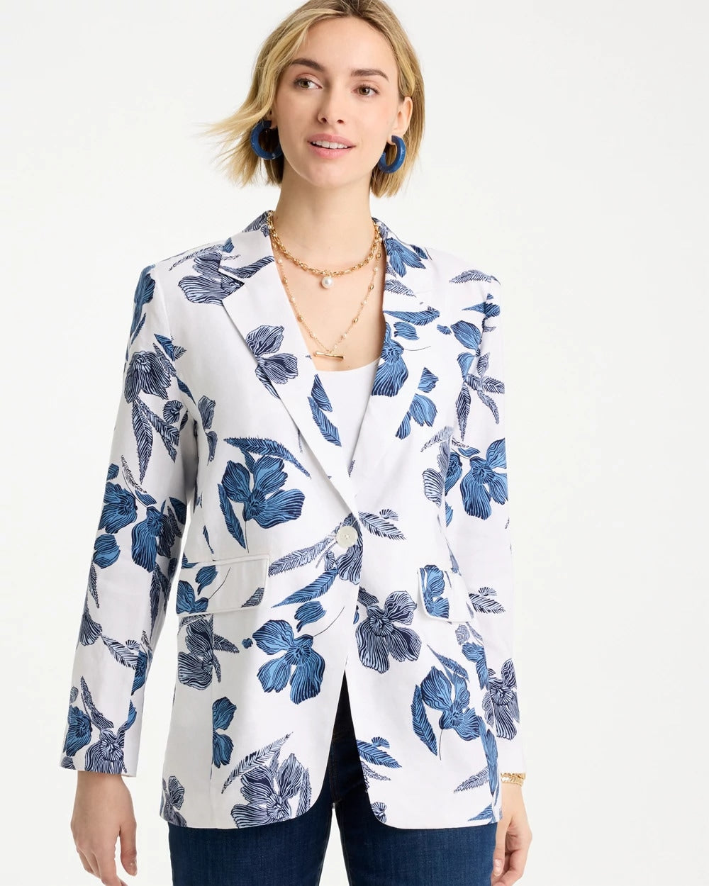 Chico's Online Alabaster Linen Printed Piped Boyfriend Blazer