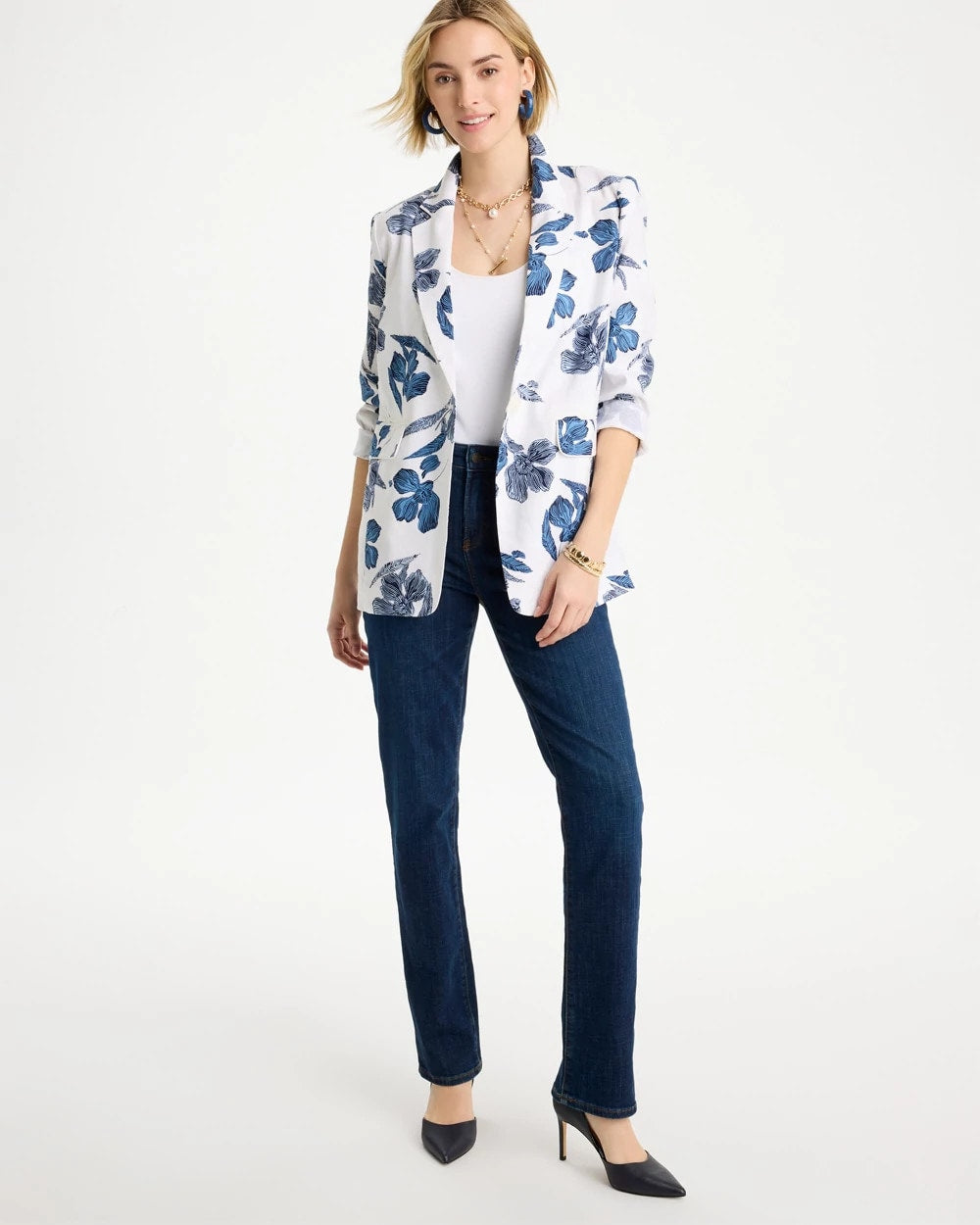 Chico's Online Alabaster Linen Printed Piped Boyfriend Blazer