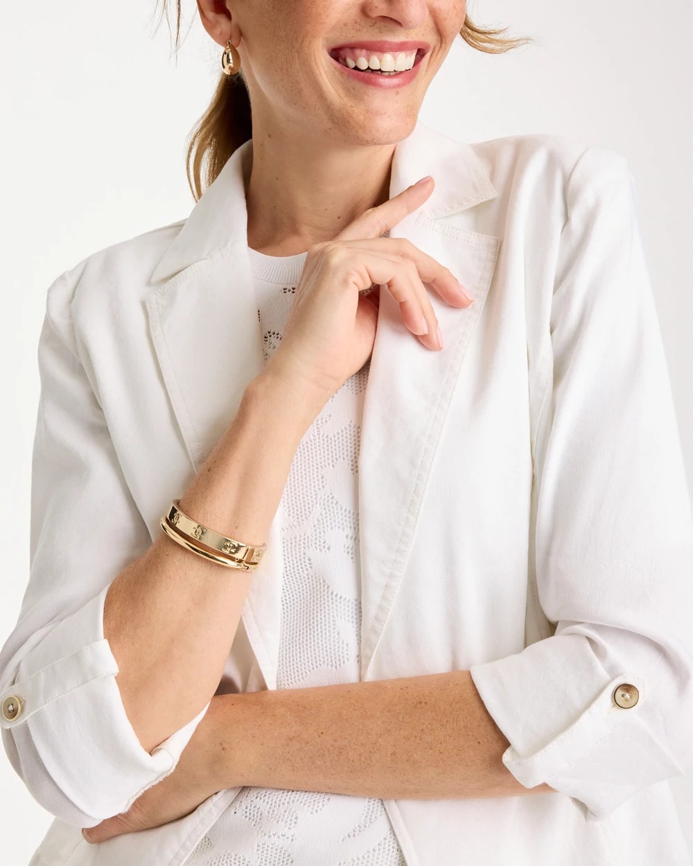 Chico's Discount Alabaster Linen Roll Sleeve Blazer