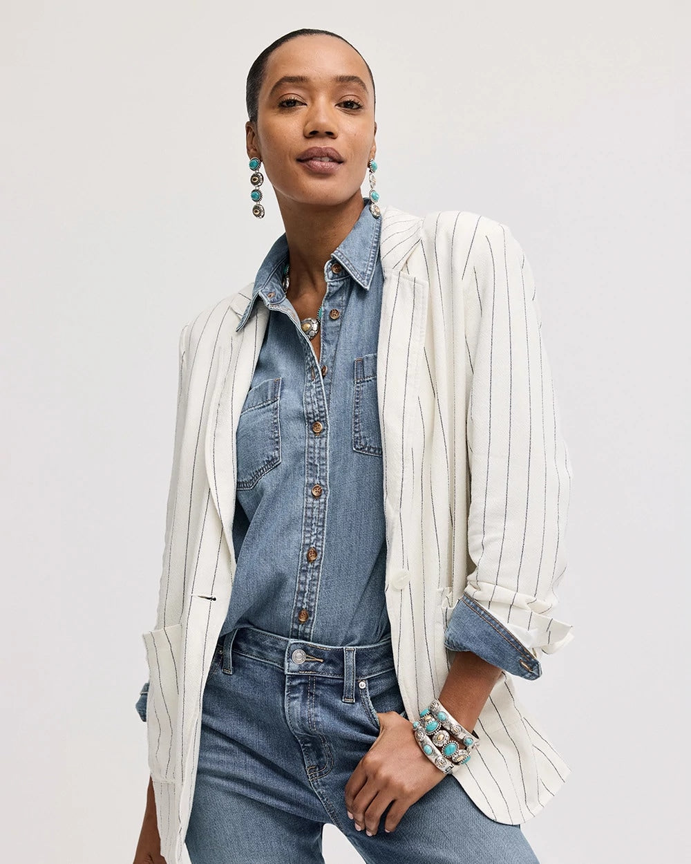 Chico's Sale Ecru Linen-Blend Striped Boyfriend Blazer