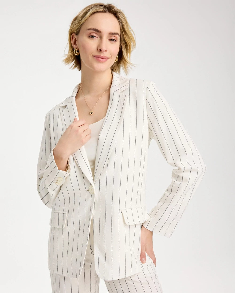 Chico's Sale Ecru Linen-Blend Striped Boyfriend Blazer