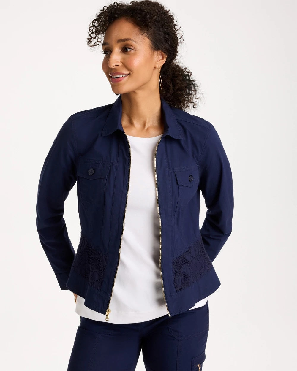 Chico's Discount Passport Blue Poplin Cotton Lace Peplum Jacket