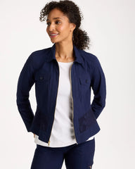 Chico's Discount Passport Blue Poplin Cotton Lace Peplum Jacket