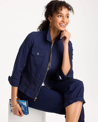 Chico's Discount Passport Blue Poplin Cotton Lace Peplum Jacket