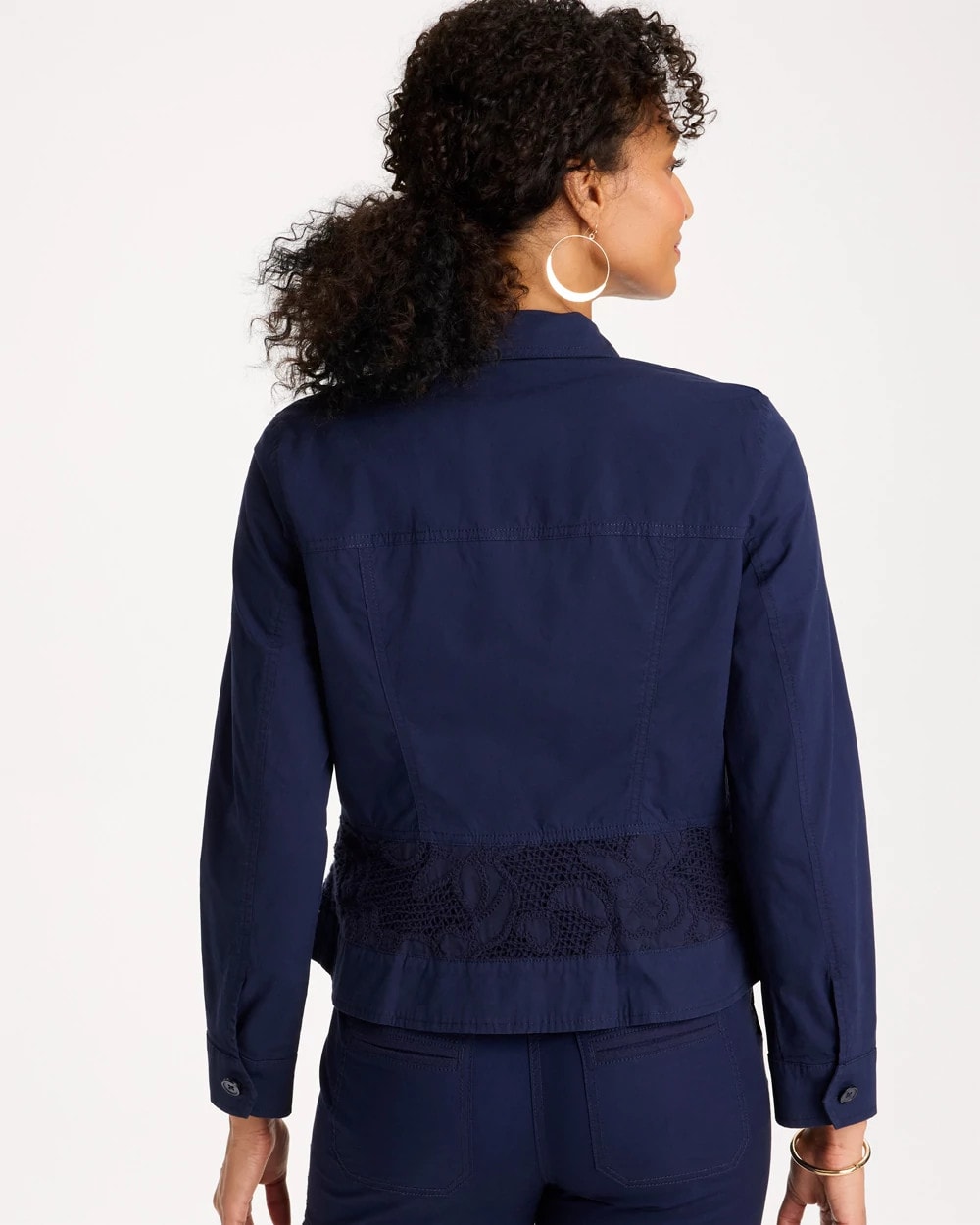 Chico's Discount Passport Blue Poplin Cotton Lace Peplum Jacket