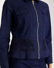 Chico's Discount Passport Blue Poplin Cotton Lace Peplum Jacket