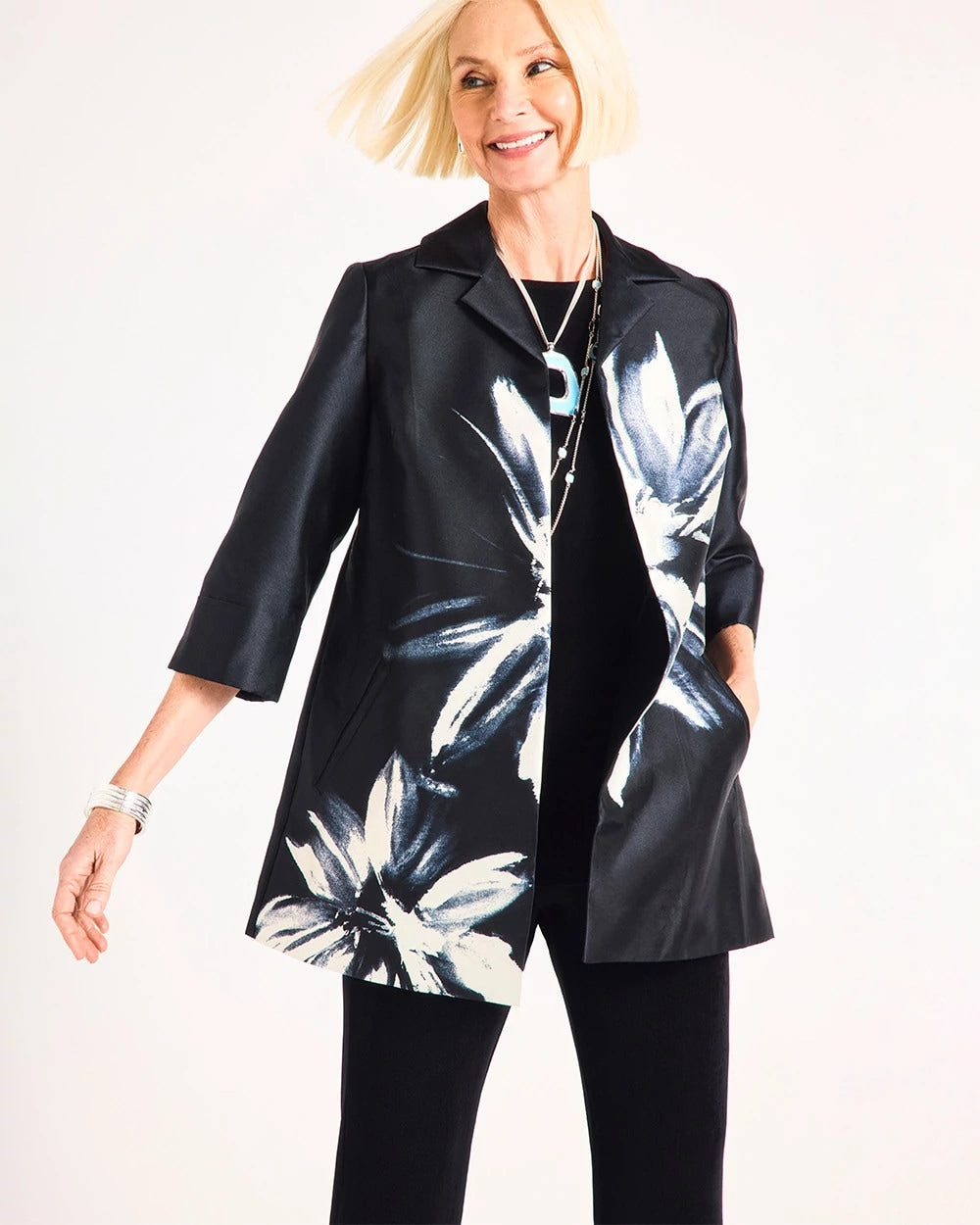 Chico's Sale Travelers Black Travelers™ Collection Floral Long Jacket