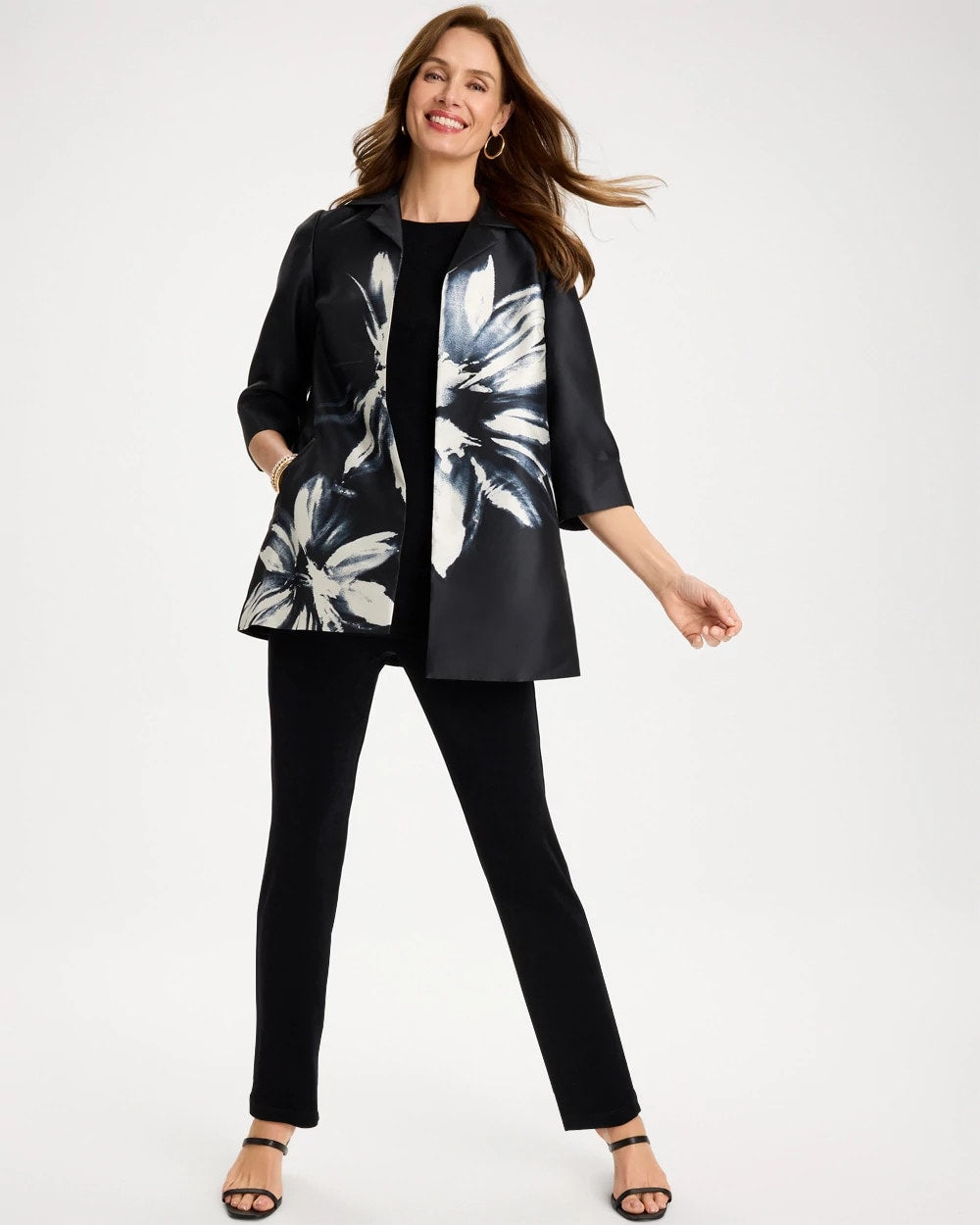 Chico's Sale Travelers Black Travelers™ Collection Floral Long Jacket