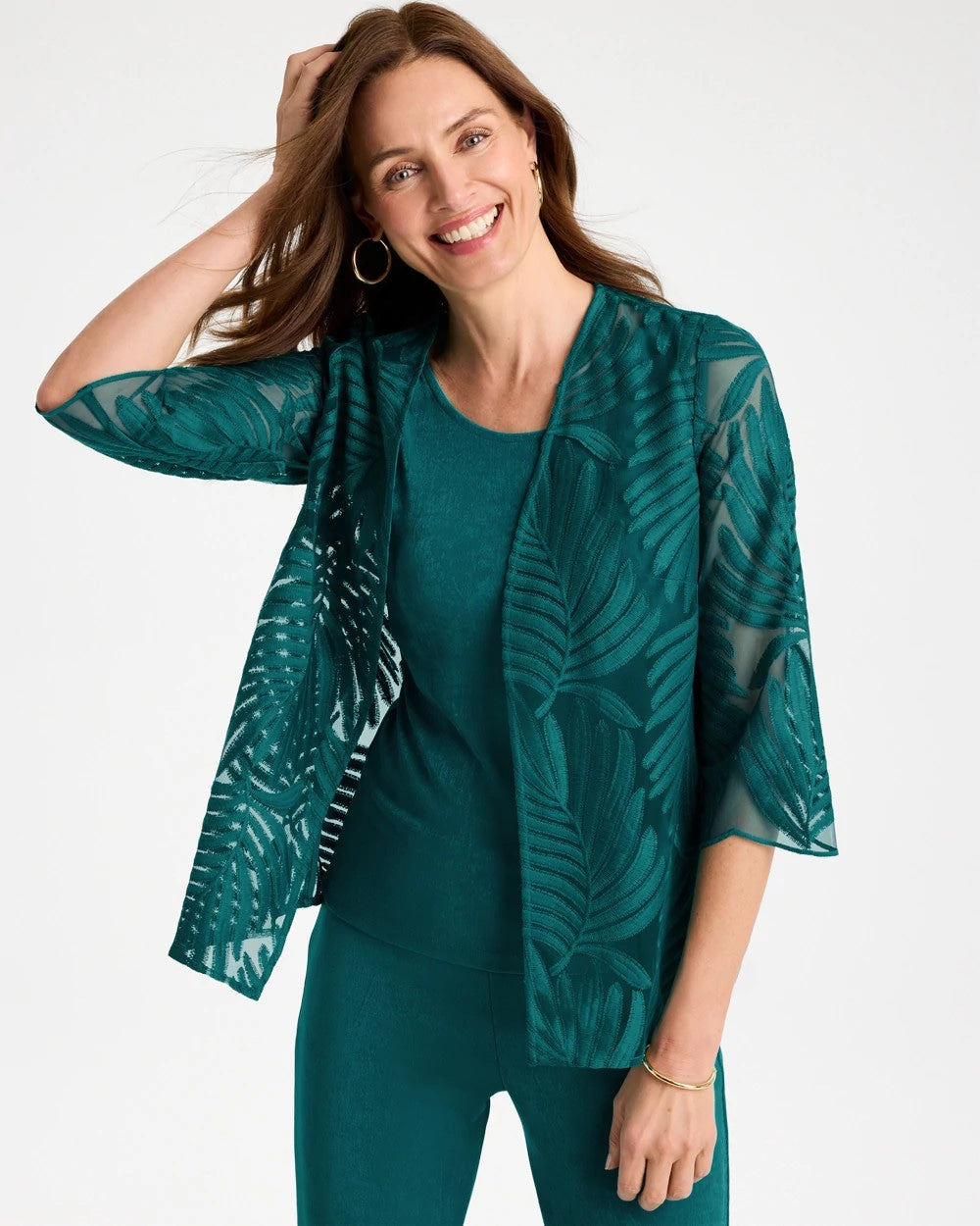 Chico's For Sale Jade Glow Travelers™ Collection Palm Frond Sheer Jacket