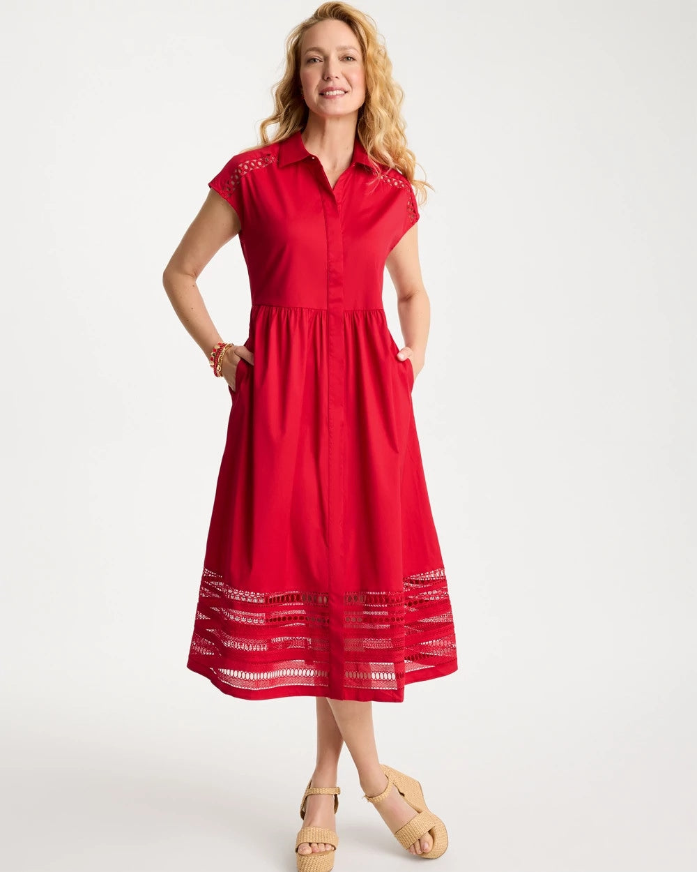 Chico's For Sale Cherry Lush Lace Trim Midi Shirtdress